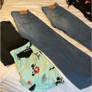 Levi’s size 33, board shorts, RVCA & tipsy elves